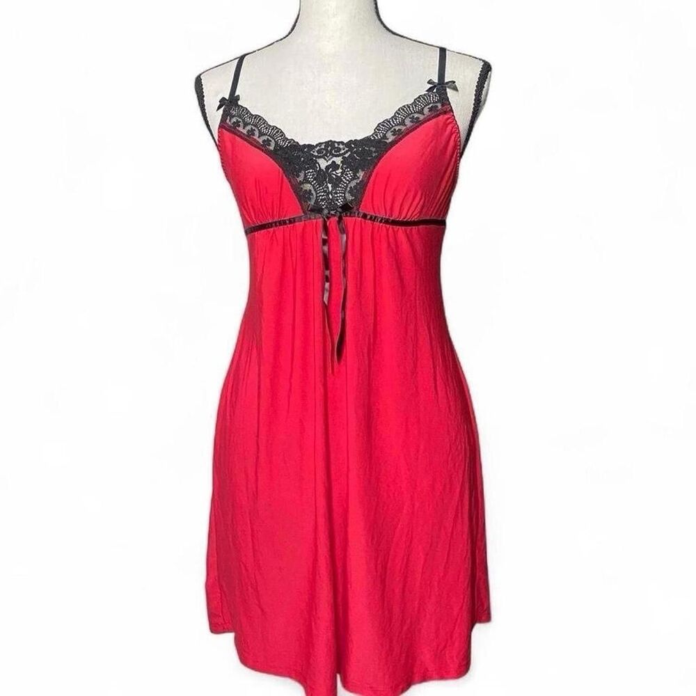 Linea Donatella Babydoll Lingerie Nightgown Red Black Lace Bows Size Small
